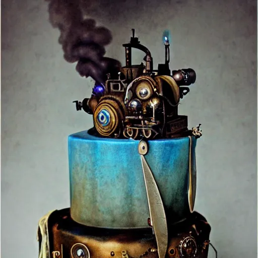 Prompt: a beautiful detailed 3 d matte portrait of a steam punk birthday cake, ominous, magical realism, texture, intricate, whirling smoke radiant colors, fantasy, volumetric lighting, high details