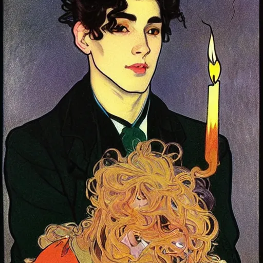 Image similar to painting of young cute handsome beautiful dark medium wavy hair man in his 2 0 s named shadow taehyung and cute handsome beautiful min - jun together at the halloween! party, bubbling cauldron!, candles!, smoke, autumn! colors, elegant, wearing suits!, delicate facial features, art by alphonse mucha, vincent van gogh, egon schiele