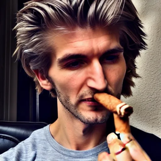 Prompt: a closeup photo of handsome gigachad xqc smoking a cigar