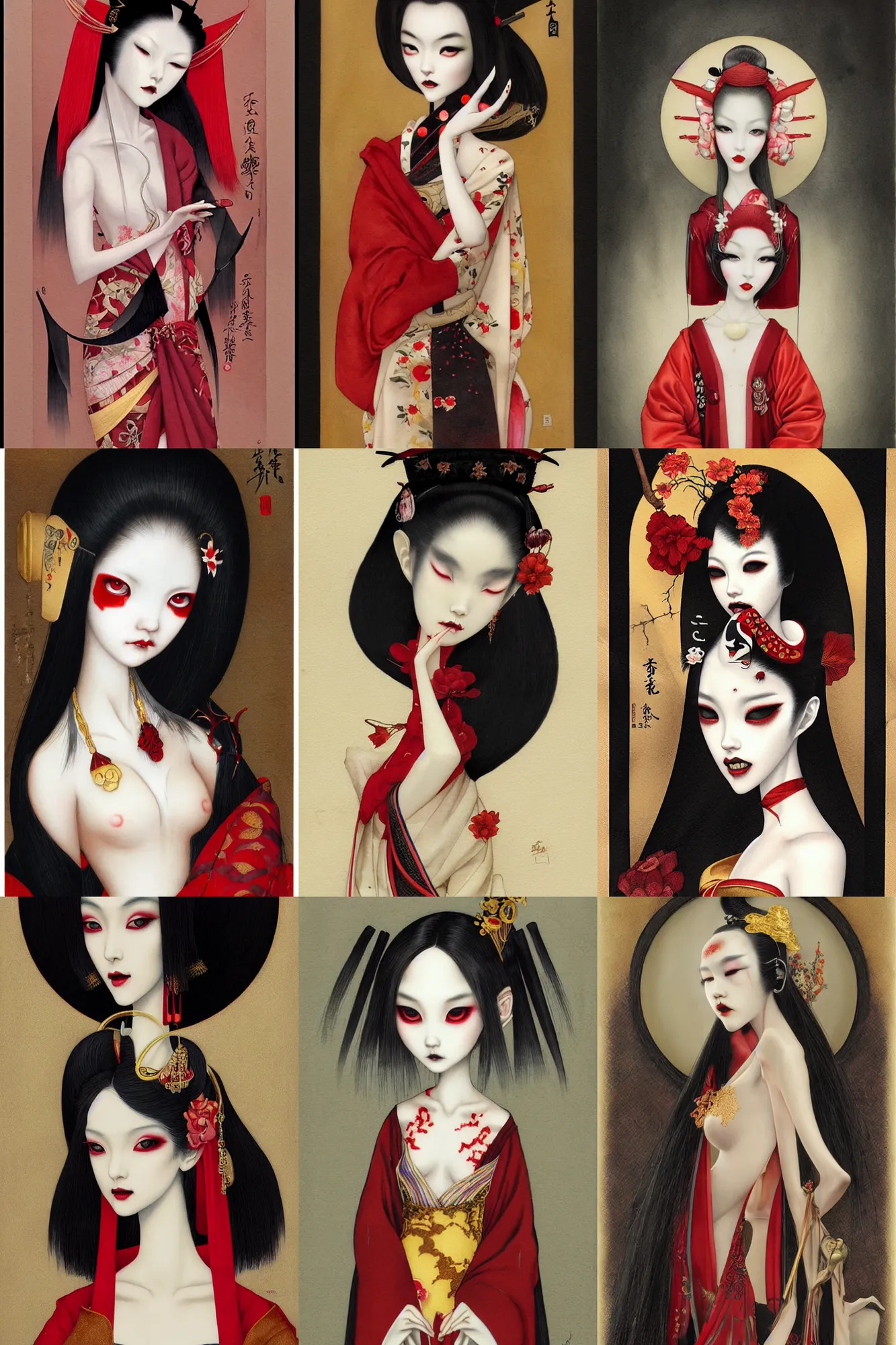 Prompt: watercolor painting of a japanese bjd geisha vampire with a long neck by tom bagshaw, amy sol, mark ryden in the style of thoth tarot card, dark - fantasy, red, gold black