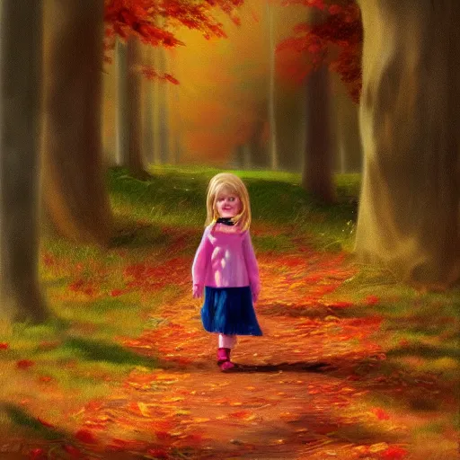 Image similar to ansell mary jane ilustration a beautiful little girl smiling, walking calmly through an autumn forest, characterized by ansell mary jane, sharp focus, highly detailed, artstation