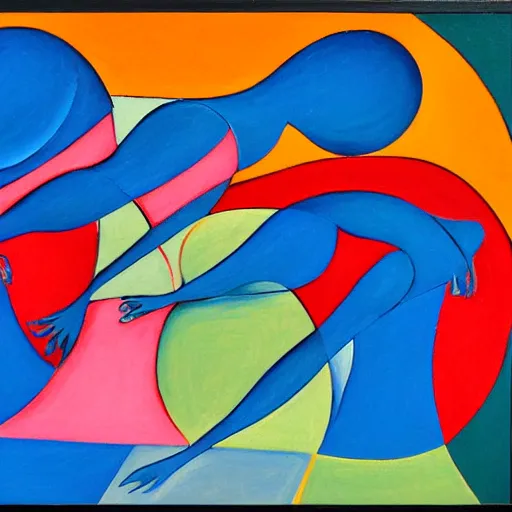 Image similar to woman woman dances by the ocean with her sisters at sunset , abstract art in the style of cubism and georgia o’keefe ,