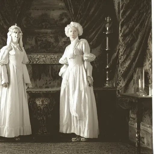 Prompt: photograph of two women with 18. century white costumes and white big baroque curly wigs, standing in a hall, candle light only