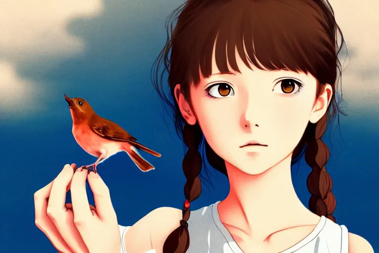 Image similar to young pretty girl holding a bird in her hands, looking touched, Fragile looking character portrait , beautiful scene; highly detailed art, by Studio Ghibli , High contrast, anime art