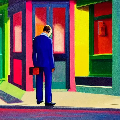 Prompt: a lonely man in a suit walking down the street, his head is a colorful skull with his brain sticking out, in the style of Edward Hopper, 4k,