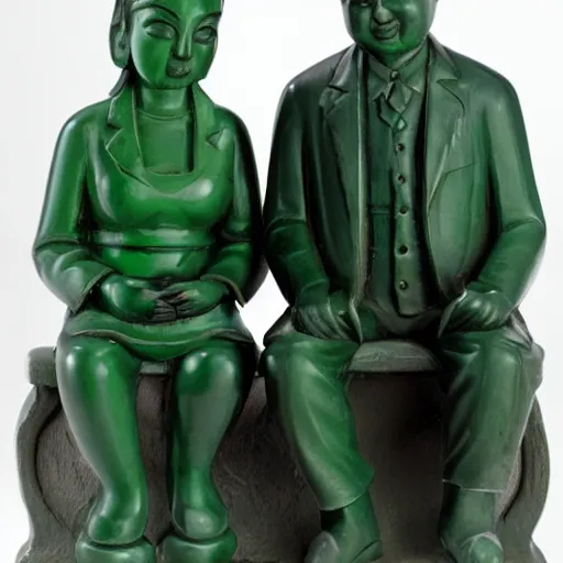 Prompt: a couple sitting on a park bench, jade sculpture