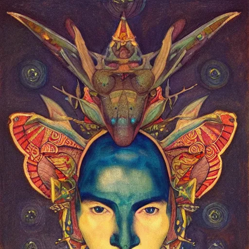 Image similar to the moth crown, by Annie Swynnerton and Nicholas Roerich, bioluminescent skin, tattoos, elaborate costume, geometric ornament, symbolist, smooth, sharp focus, extremely detailed, featured on artstation