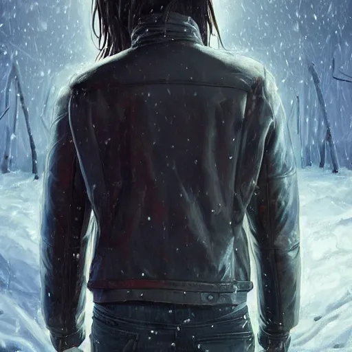 Prompt: by alexander trufanov by artgerm by simon stalenhag young man from back pacing lowering head dressed in short leather bomber jacket to empty narrow alley with street lamps in park with pines to the horizon,, with hands in pockets, snowfall at night, mullet long haircut, black hairs, cinematic, dramatic, detailed, realistic, movie shot, low lighting