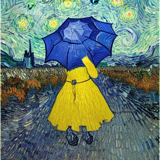 Prompt: girl with an umbrella girl with an umbrella. a walk inside a van gogh painting is a starry night. inside the painting. see everything from the inside. clearly detailed. dramatic.