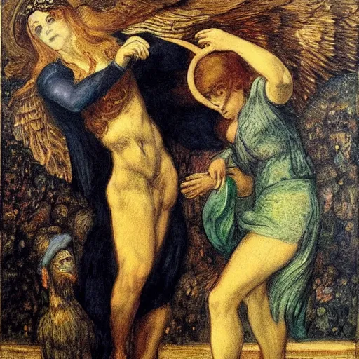 Image similar to Turning and turning in a widening gyre, the falcon cannot hear the falconer, painted by Dante Gabriel Rossetti