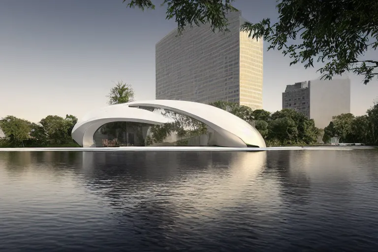 Image similar to a building formed by the cross combination and fusion of 2 0 white spherical and egg shaped spaces of different sizes, on the calm lake surface, people's perspective modern curved architecture, future, wood, marble, metal award winning, highly detailed 4 k art, dusk, unreal engine highly rendered, global illumination, radial light, internal environment by kazuyo sejima