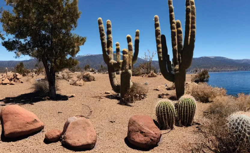 Prompt: lake tahoe, without water, cactus, desert, dry and hot