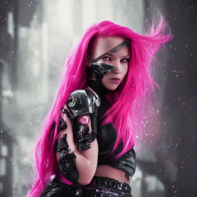 Image similar to stunning young cyberpunk girl + pink hair + black hoddy + flury skirt, living her dreams, mysterious, atmospheric, cinematic, Epic, 8k, 4k, ultra detail, ultra realistic, rendered by awesomeness