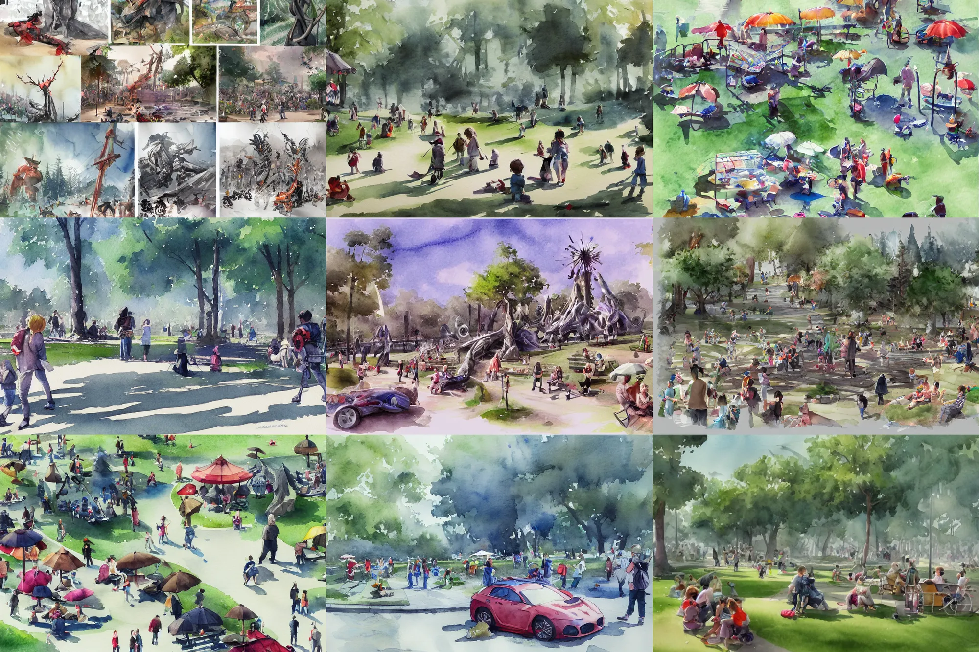 Prompt: Busy day at the park, high quality watercolors, award winning, trending on ArtStation
