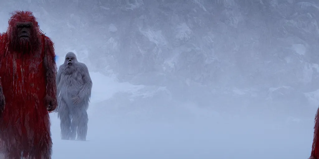 Image similar to the end is near. a tired yeti and bigfoot standing in the atlas mountains. face is highly detailed. splices of red are running down his toga. mist. color scheme red. low angle close shot. atmospheric. global illumination. unreal engine render. imagined by jeremy lipking