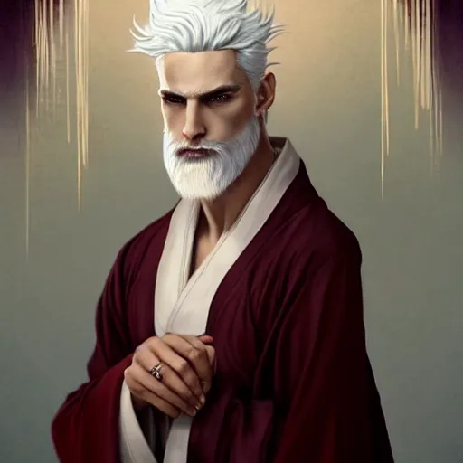 Image similar to white haired robe fu xi full male body portrait, very long white beard and hair, fine delicate prefect face features gaze, aerith gainsborough, elegant, smooth, sharp focus, masterpiece, style of tom bagshaw, cedric peyravernay, peter mohrbacher, victo ngai, pinterest, 4 k hd illustrative wallpaper, animation style, chinese style