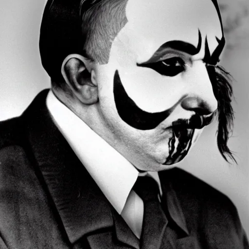 Prompt: A black and white photograph of Hitler dressed like Insane Clown Posse