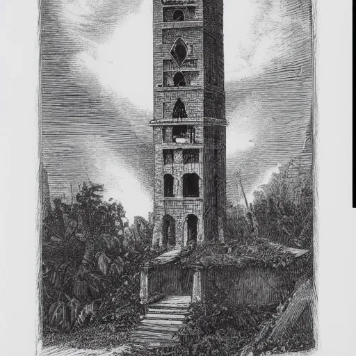 Prompt: Etching of the abandoned wizard\'s tower in the overgrown garden. Piranesi.