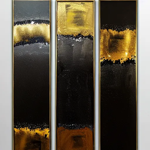 Prompt: a pour painting triptych, gold black silver colors, abstract, thick paint, glossy, resin coated