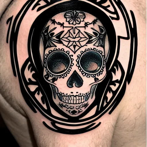 Image similar to a small vector tattoo design. h. r. giger sugar skull.