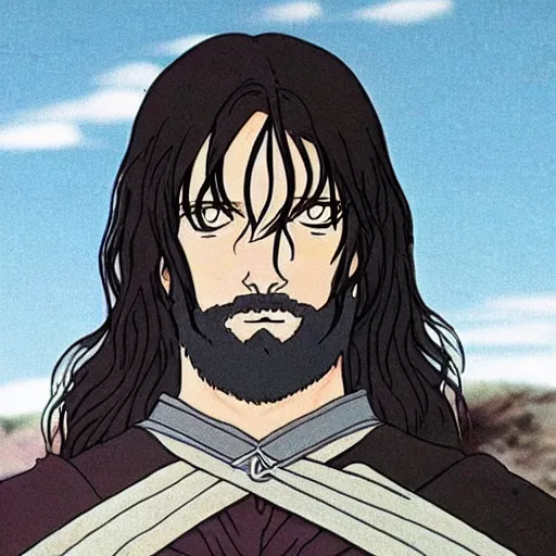 Image similar to aragorn from the anime lord of the rings (1986), looking serious, some beard, studio ghibli, very detailed, realistic