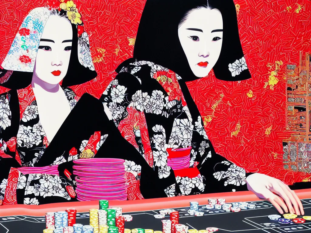 Image similar to hyperrealism composition of the detailed woman in a japanese kimono sitting at an extremely detailed poker table with darth vader, fireworks and folding screen on the background, pop - art style, jacky tsai style, andy warhol style, acrylic on canvas