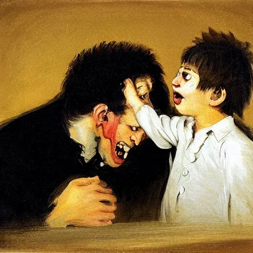 Image similar to the nostalgia critic devouring his son, painting by francisco goya