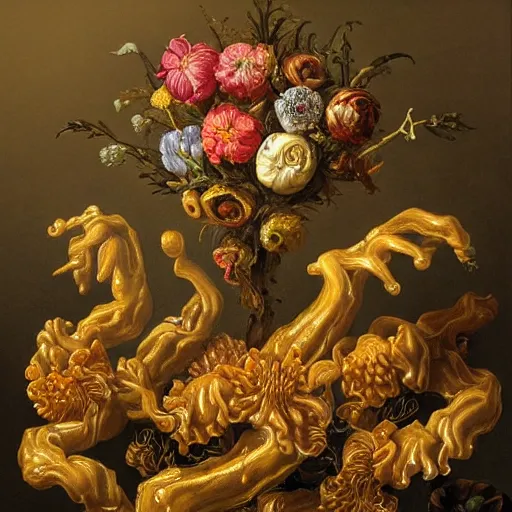 Image similar to disgusting disturbing dutch golden age bizarre mutant flower floral still life with many human toes very detailed fungus disturbing tendrils bizarre slimy forms sprouting up everywhere by rachel ruysch black background chiaroscuro dramatic lighting perfect composition high definition 8 k 1 0 8 0 p