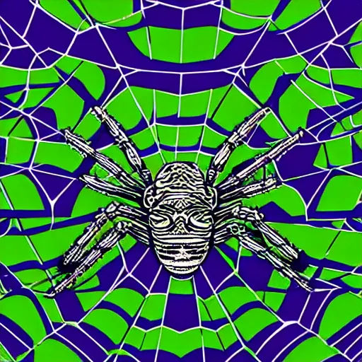 Image similar to spider, purple and green, style of hydro74, vector, woodblock