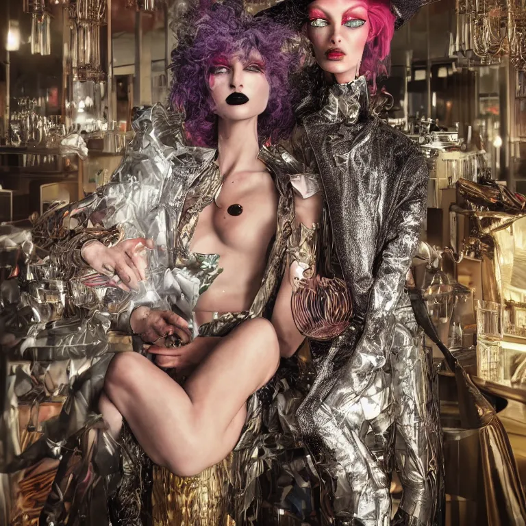 Image similar to octane render portrait by wayne barlow and carlo crivelli and glenn fabry, a beautiful model wearing eccentric flamboyant stylish high - fashion vogue outfits, inside a fashionable smoky bar, cinema 4 d, ray traced lighting, very short depth of field, bokeh