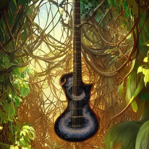 Prompt: A guitar hanging from vines, in the jungle, fantasy, intricate, elegant, highly detailed, digital painting, artstation, concept art, smooth, sharp focus, illustration, art by artgerm and greg rutkowski and alphonse mucha