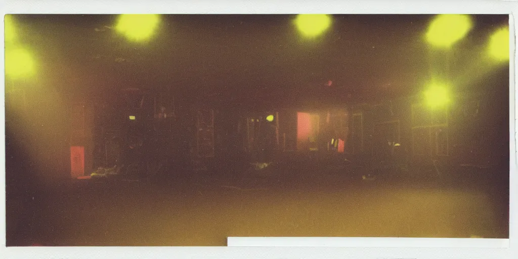 Prompt: polaroid photo of an empty dancehall, bright colourful strobelights, smoke coming from the floor, lens flare