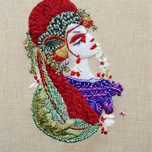 Image similar to a tiny beautiful handmade embroidery of a woman. hand embroidery.