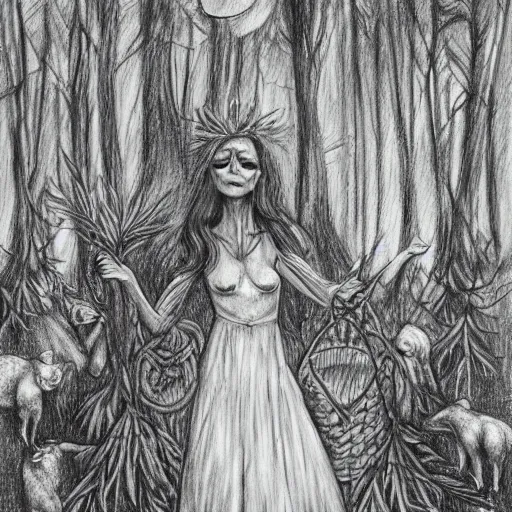 Prompt: pencil drawing, cenozoic by alejandro burdisio rich. a experimental art of a vasilisa standing in the forest, surrounded by animals. she is holding a basket of flowers in one hand & a spindle in the other. gentle expression. in the background, the forest is dark & mysterious.