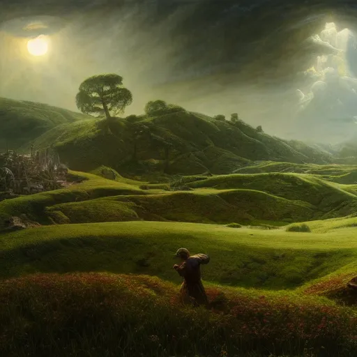 Image similar to the shire highly detailed matte painting, hyperrealistic, very intrincate | cinematic lighting, award - winning | by rachel ruysch, giger, beksinski and bocklin | by austin osman spare and william blake, trending on artstation, cgsociety, official art, octane