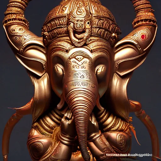 Image similar to biomechanical Ganesha , hyper-realistic futuristic portrait, intricate details, fantasy character, supersharp, hypermaximalist, dramatic lighting, hajime sorayama, Indian god, Ganesha, ganapati, vinayak, futuristic portrait photorealistic Ganesha