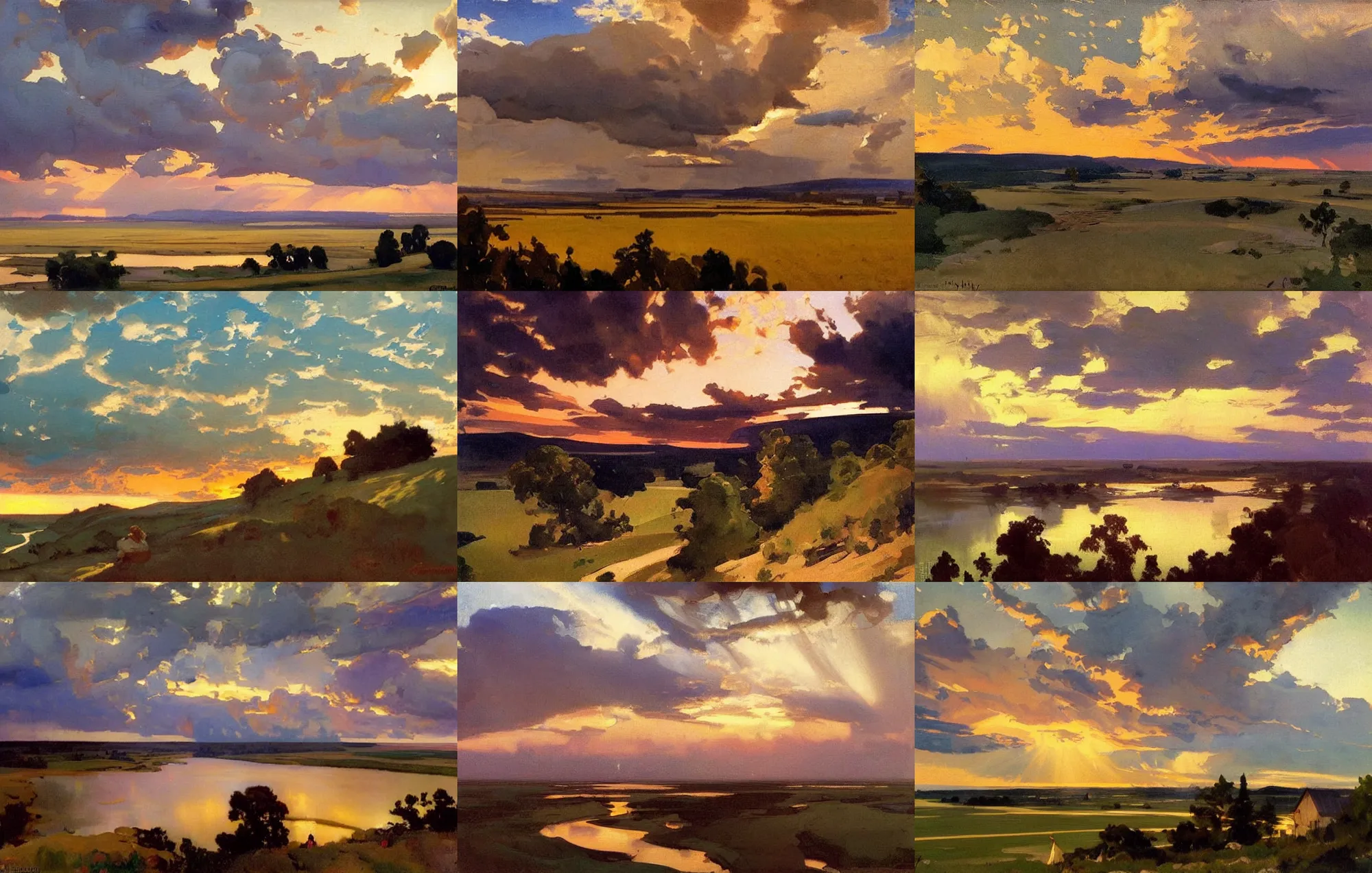 Prompt: painting by sargent and leyendecker and greg hildebrandt savrasov levitan epic evening sky at sunset, low thunder clouds foothpath at indian summer, wide river and lake, horizon tiny old house on top of hill view from above