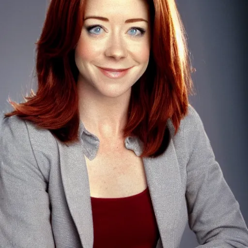 Image similar to full body photo of alyson hannigan as a scientist on a a lab, very detailed face