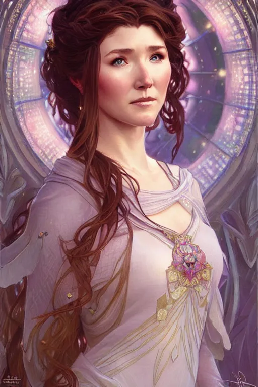 Image similar to Jewel Staite as a princess, fantasy, intricate, elegant, highly detailed, digital painting, artstation, concept art, matte, sharp focus, illustration, art by Artgerm and Greg Rutkowski and Alphonse Mucha