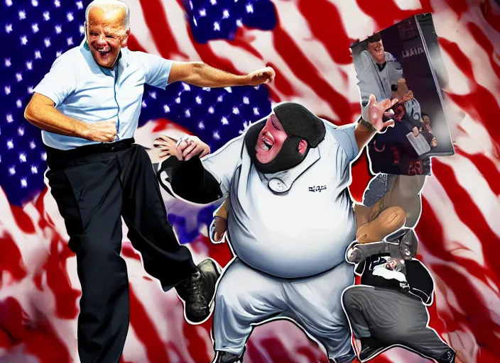 Image similar to Joe Biden kicks a fat man in the face, 8K, high quality render, highly detailed