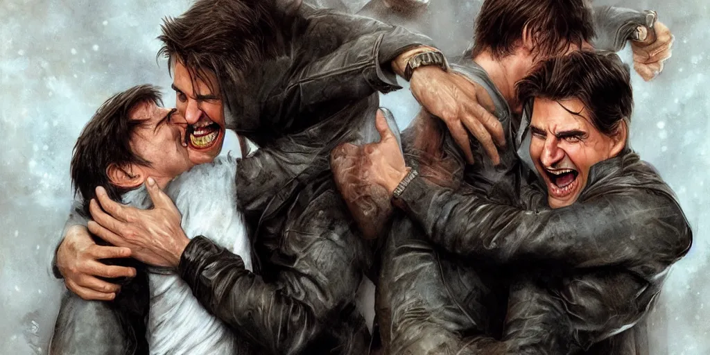 Image similar to hyper realistic tom cruise hugging tom cruise, hugging tom cruise, all overly excited, jaw unhinged with laughter and smiling, all teeth, kinda disturbing but really funny, tom has evil eyes, like super evil looking, by greg rutkowski, scott m fischer, artgerm, loish, slight glow, atmospheric, anne stokes, alexandros pyromallis