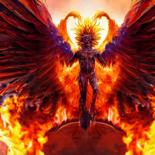 Prompt: hyperdetailed image of a humanoid phoenix with its full body flaming and wings spread and a extremely detailed face 8 k extremely detailed hd hyperrealism fiery extremely accurate unbelievably creepy movie studio style
