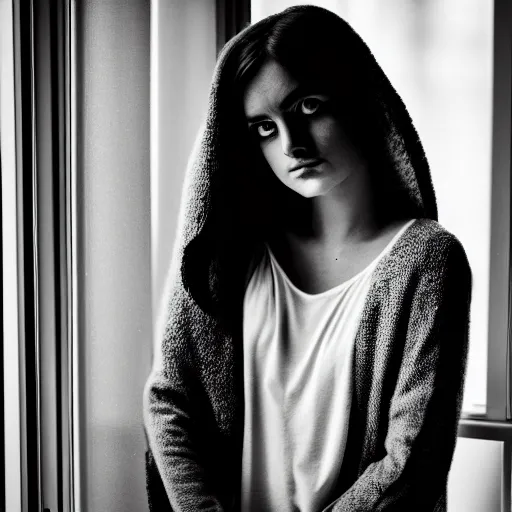 Image similar to black and white fashion photography portrait of a beautiful depressed Woman with detailed face standing by the window, natural light, film grain, soft vignette, sigma 85mm f/1.4 1/10 sec shutter