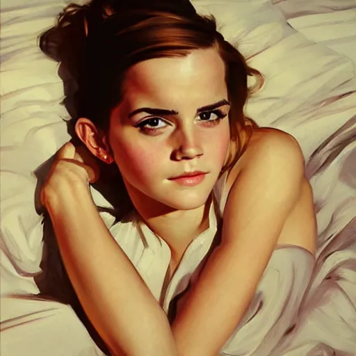 Image similar to Greg Manchess portrait painting of emma watson laying down, medium shot, asymmetrical Organic Painting, sunny day, Matte Painting, bold shapes, hard edges, street art, trending on artstation, by Huang Guangjian and Gil Elvgren and Sachin Teng