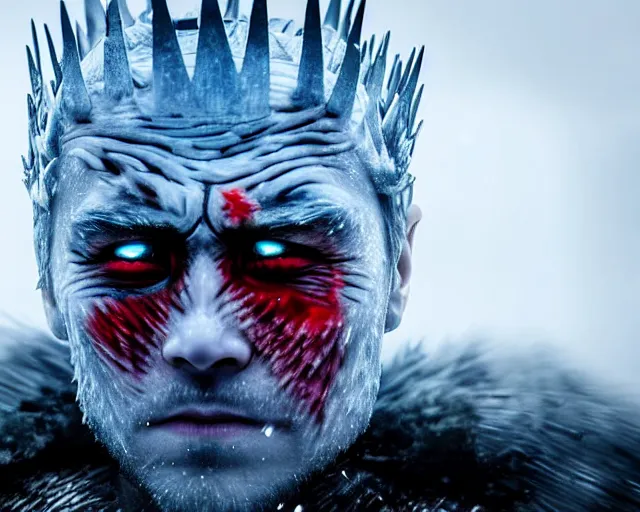 Image similar to extreme close - up eyes crying tears made of ice justin sun as night king in game of thrones, stunning tears made of ice, crimson - black bee army behind, 4 k, epic, cinematic, focus, movie still, fantasy, extreme detail, atmospheric, dark colour, sharp focus