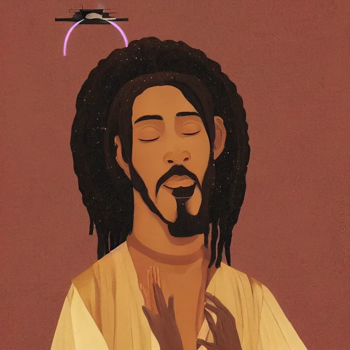 Prompt: a UFOs hovering over an African Jesus ,painting by Hsiao-Ron Cheng,