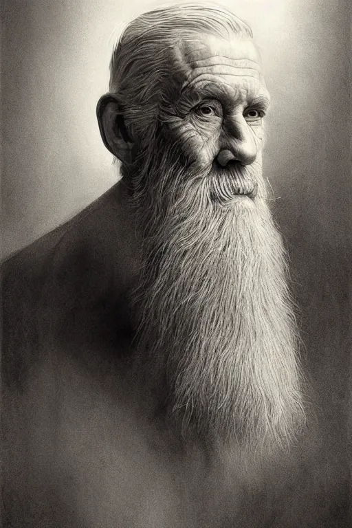 Image similar to a stunning ultra realistic pencil drawing of a content old man with a long gray beard, peaceful and graceful, by dirk dzimirsky and tom bagshaw, studio portrait, pencil and charcoal, melancholic, catchlight in the eyes, 4K