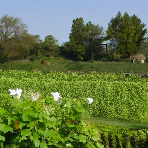 Prompt: flowers and vines creep in a field with a majestic swimming pool