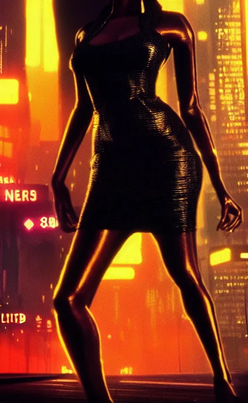 Prompt: hyper - realistic, a beautiful black femme fatale woman wearing a short dress and heels, blade runner city, neo - noir aesthetic, cinematic composition, cinematic colors, 3 5 mm film, roger deakins style, realistic film, no signature, 8 k