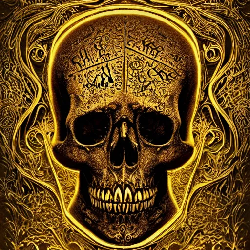 Prompt: chiaroscuro Baroque Still life photo of golden skull etched with detailed and intricate ancient runes, overtaken by plant ivy filigree, lit by a single god ray of shining light.